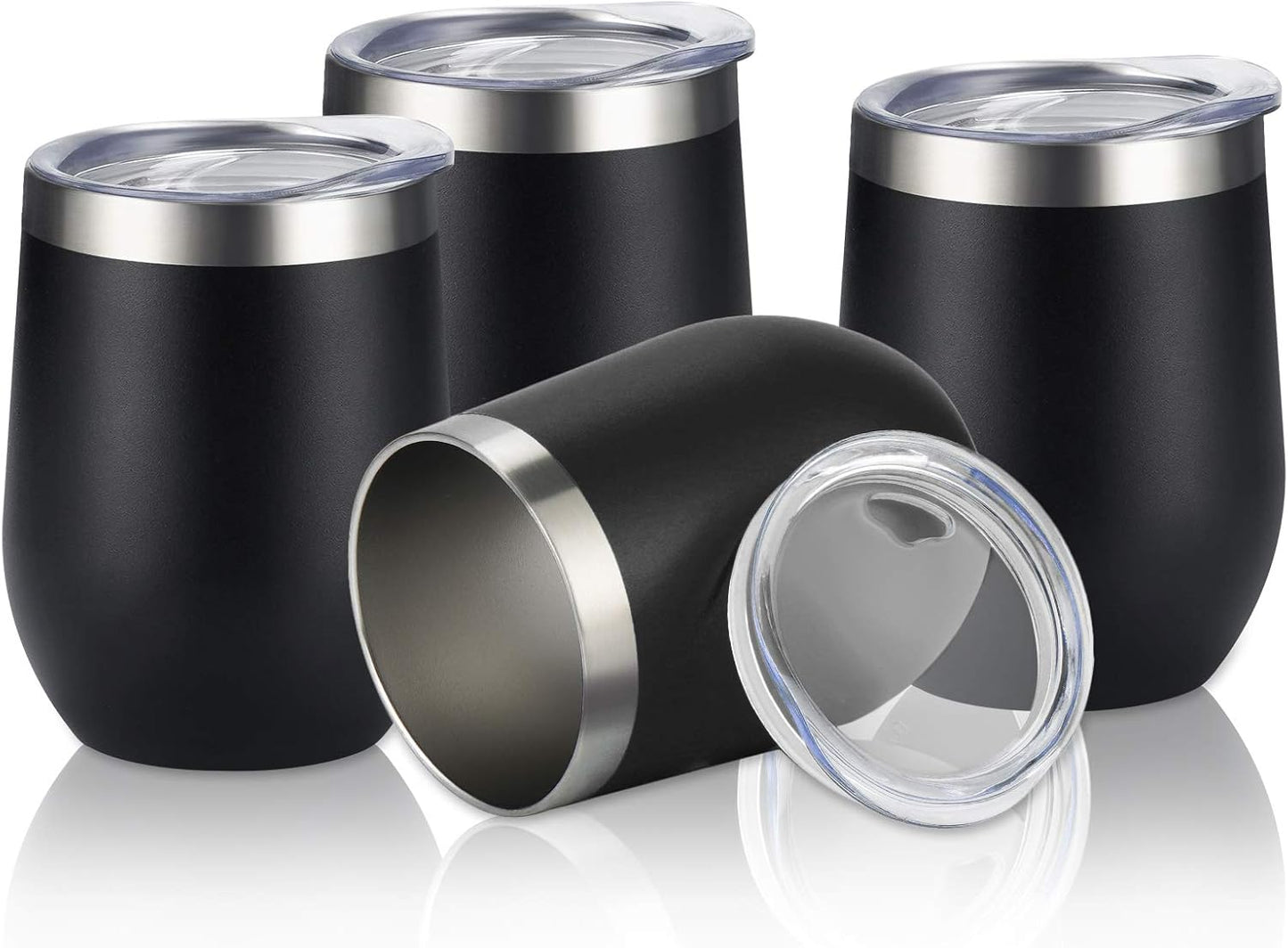 4 Pack 12Oz Stainless Steel Stemless Wine Glasses, Insulated Wine Tumbler, Stainless Steel Wine Tumbler Cups with Lids and Straws for Coffee, Cocktails, Wine, Champaign, Black…