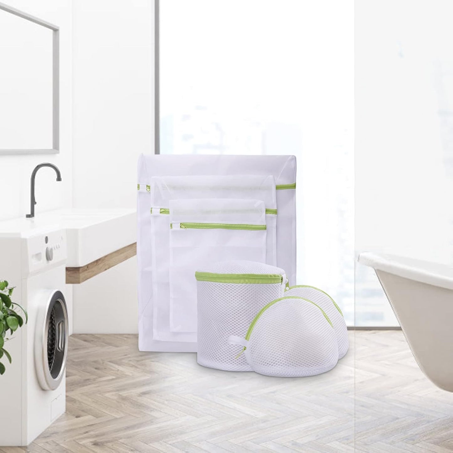 Mesh Laundry Bag Set of 6, White Delicate Durable Polyester Wash Bags with Zipper for Laundry Blouse Hosiery Stocking Underwear Bra and Lingerie