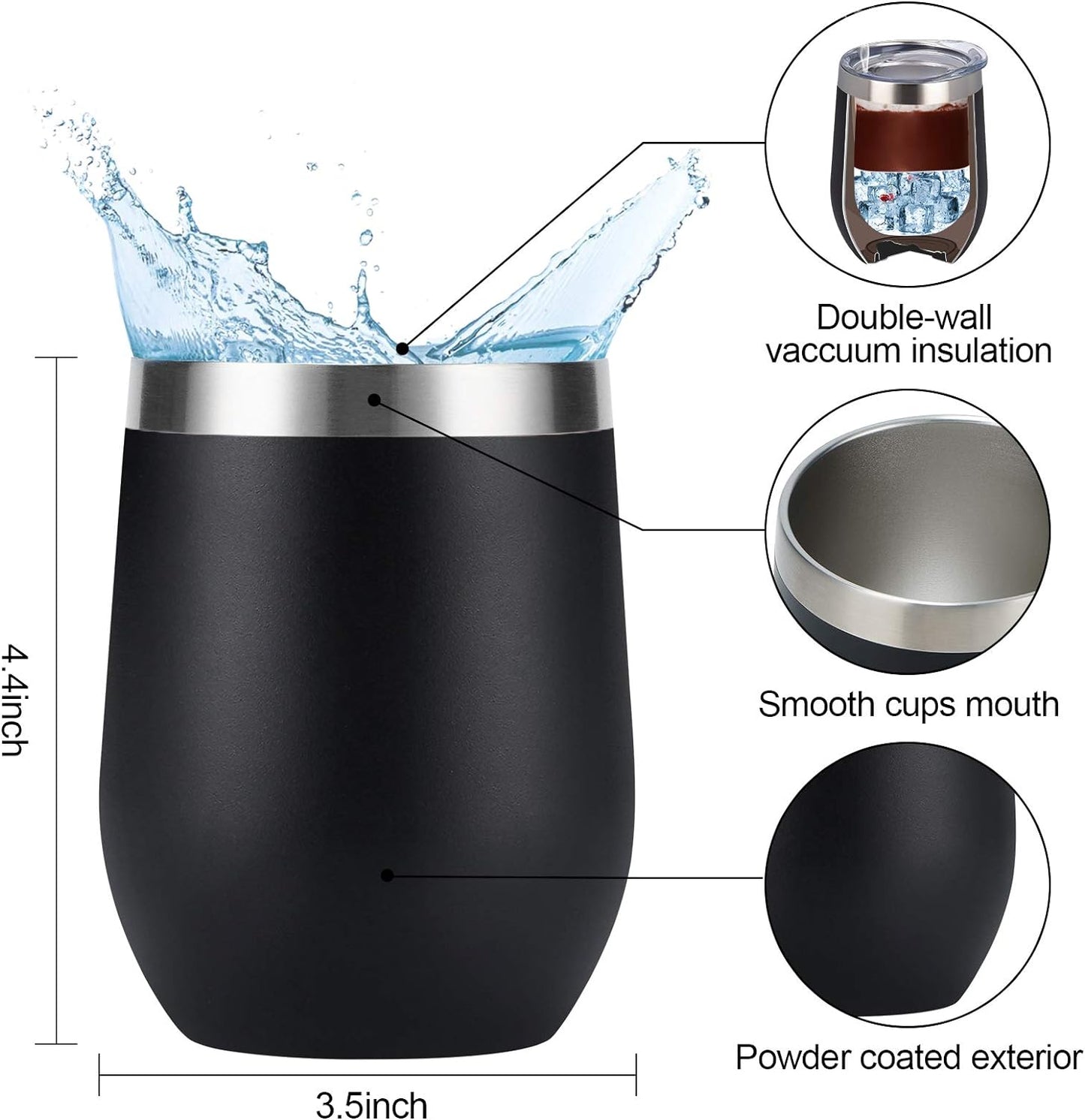 4 Pack 12Oz Stainless Steel Stemless Wine Glasses, Insulated Wine Tumbler, Stainless Steel Wine Tumbler Cups with Lids and Straws for Coffee, Cocktails, Wine, Champaign, Black…