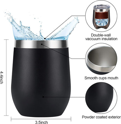 4 Pack 12Oz Stainless Steel Stemless Wine Glasses, Insulated Wine Tumbler, Stainless Steel Wine Tumbler Cups with Lids and Straws for Coffee, Cocktails, Wine, Champaign, Black…