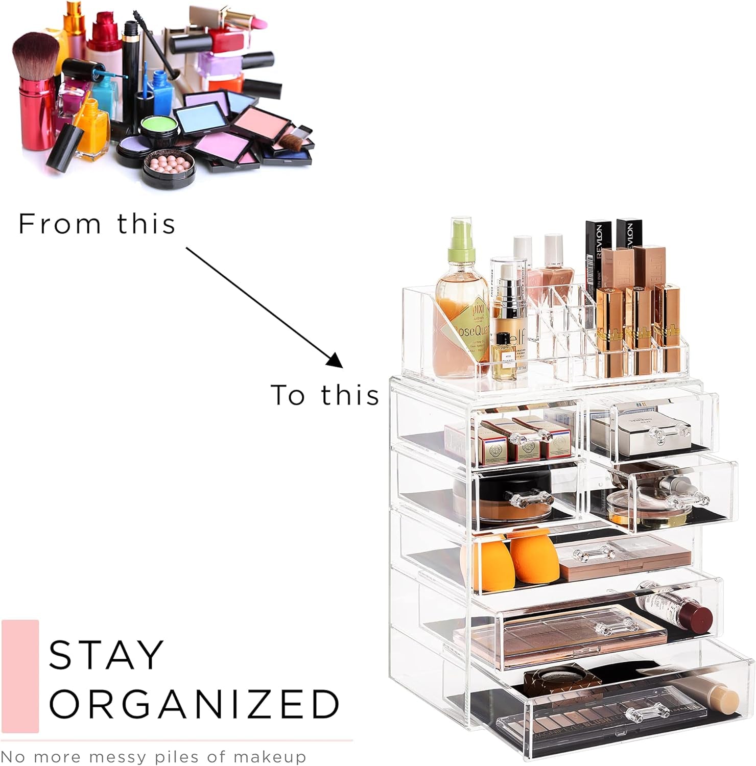 Acrylic Makeup Organizer Set, 7-Drawer Vanity & Countertop Cosmetic Storage with Small & Wide Compartments, Clear Makeup Storage for Brushes, Lipsticks, Jewelry – Holiday Gift for Women & Teens