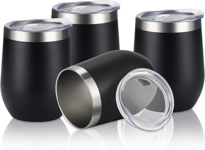 4 Pack 12Oz Stainless Steel Stemless Wine Glasses, Insulated Wine Tumbler, Stainless Steel Wine Tumbler Cups with Lids and Straws for Coffee, Cocktails, Wine, Champaign, Black…