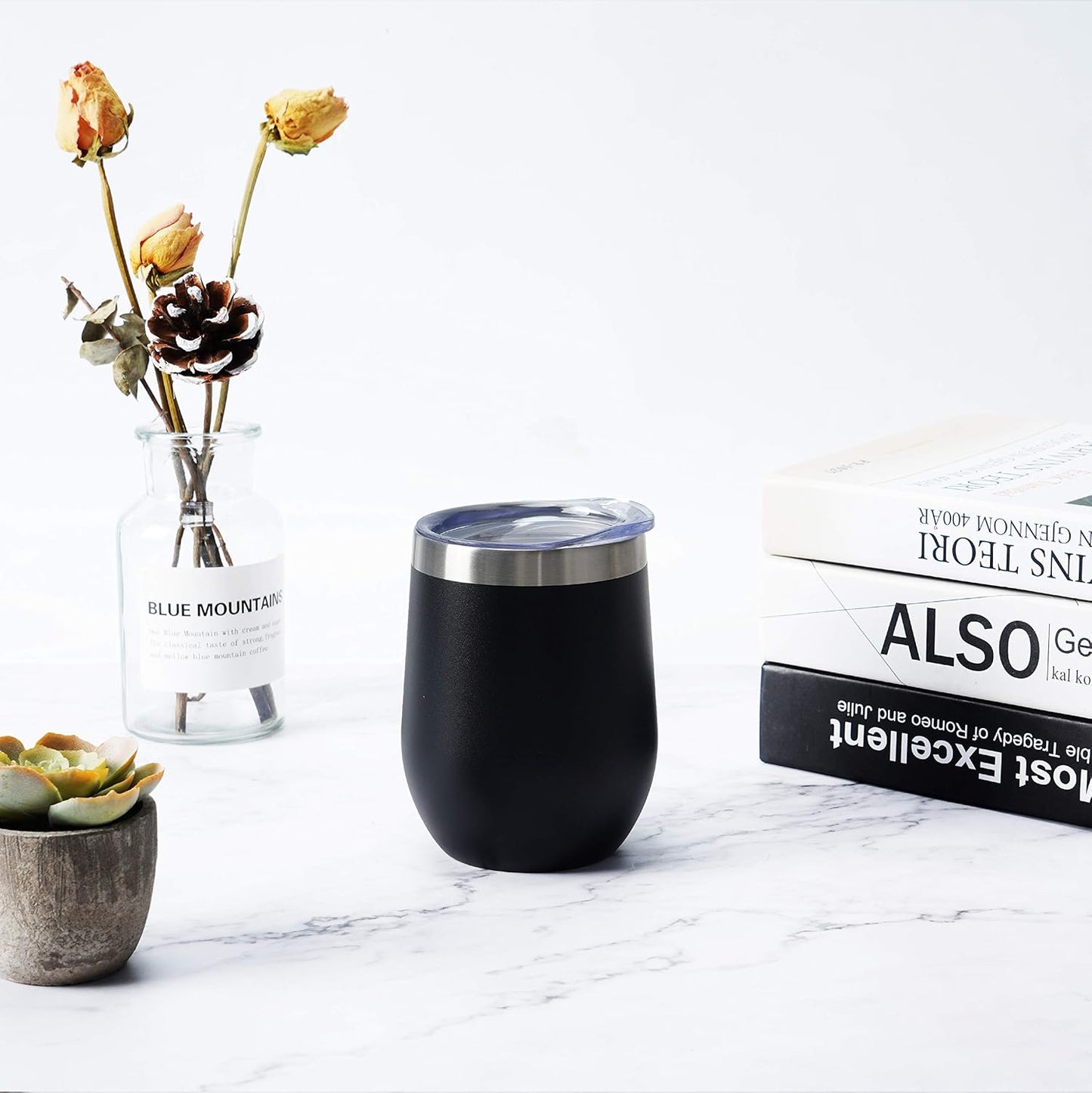 4 Pack 12Oz Stainless Steel Stemless Wine Glasses, Insulated Wine Tumbler, Stainless Steel Wine Tumbler Cups with Lids and Straws for Coffee, Cocktails, Wine, Champaign, Black…