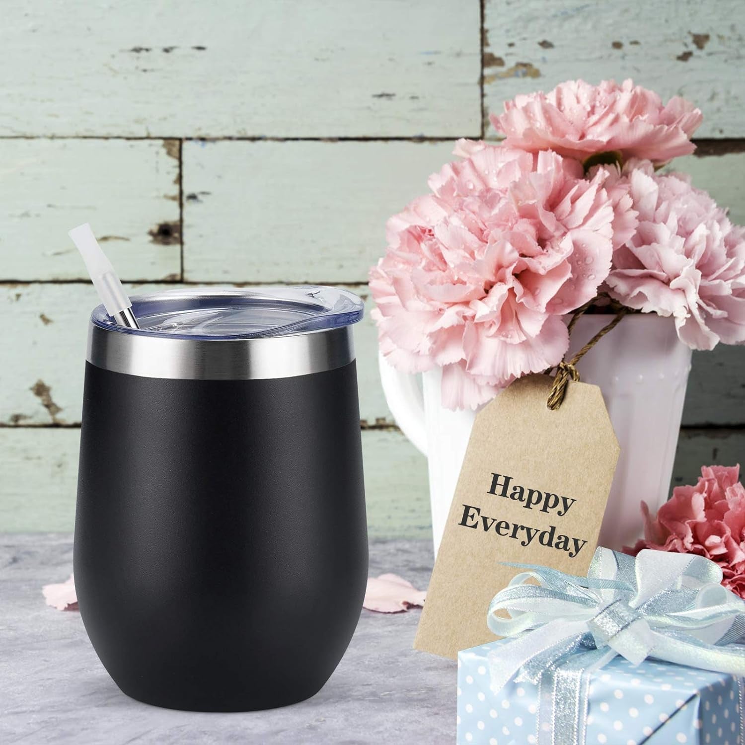 4 Pack 12Oz Stainless Steel Stemless Wine Glasses, Insulated Wine Tumbler, Stainless Steel Wine Tumbler Cups with Lids and Straws for Coffee, Cocktails, Wine, Champaign, Black…