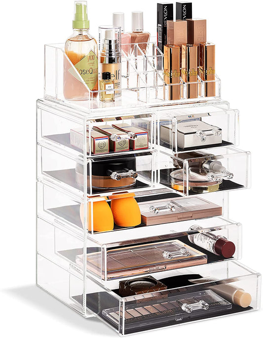 Acrylic Makeup Organizer Set, 7-Drawer Vanity & Countertop Cosmetic Storage with Small & Wide Compartments, Clear Makeup Storage for Brushes, Lipsticks, Jewelry – Holiday Gift for Women & Teens