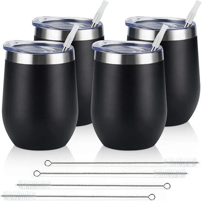 4 Pack 12Oz Stainless Steel Stemless Wine Glasses, Insulated Wine Tumbler, Stainless Steel Wine Tumbler Cups with Lids and Straws for Coffee, Cocktails, Wine, Champaign, Black…