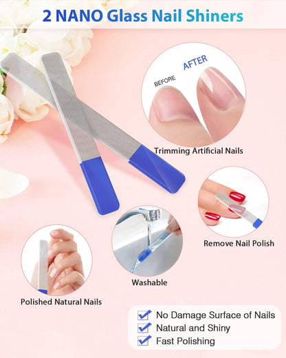 Glass Nail File and Nail Shiner, 4PC Crystal Nail File and Nano Glass Nail Buffer, Premium Set with Case, Professional Manicure Tool Fingernail Czech File for Natural Nail, Gift for Women and Girls