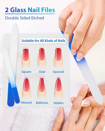 Glass Nail File and Nail Shiner, 4PC Crystal Nail File and Nano Glass Nail Buffer, Premium Set with Case, Professional Manicure Tool Fingernail Czech File for Natural Nail, Gift for Women and Girls